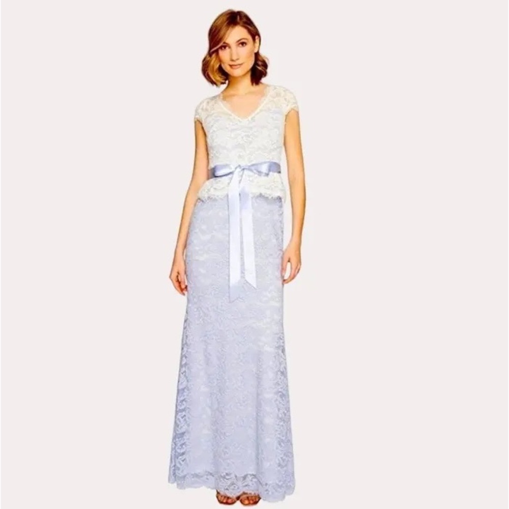 Adrianna Papell Sz 14W NWT Nouveau Scroll Lace Gown Periwinkle Blue White floral